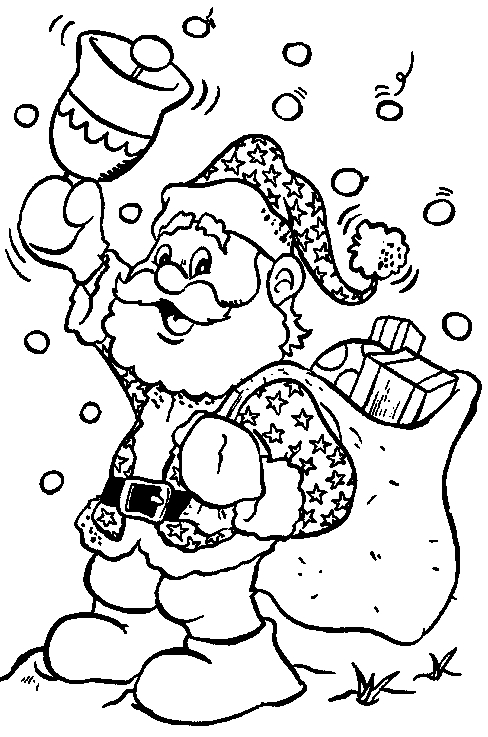 Coloriage du Père Noël avec un sac de cadeaux devant un paysage hivernal