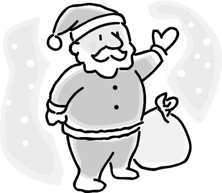 Coloriage du Père Noël avec son sac de cadeaux dans un paysage hivernal