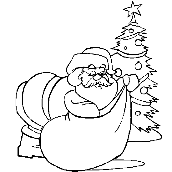 Un père Noël souriant avec un sac rempli de cadeaux devant un paysage hivernal