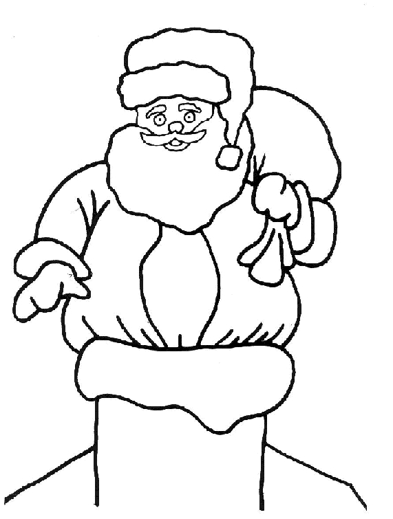 Coloriage du Père Noël souriant avec son sac de cadeaux dans un décor hivernal