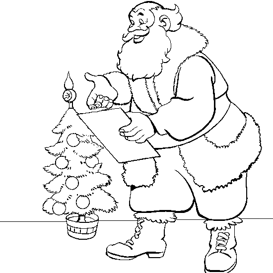 Coloriage du Père Noël avec un sac de cadeaux sur fond hivernal