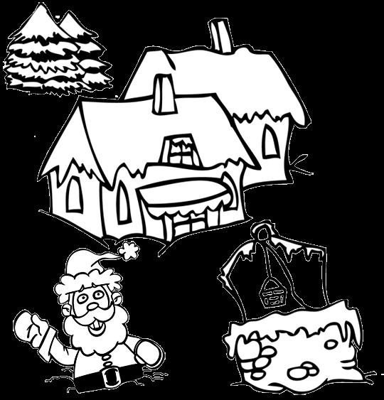 Coloriage d'un père Noël souriant avec son sac de cadeaux devant une cheminée