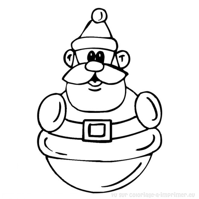 Coloriage d'un Père Noël jovial tenant un cadeau au milieu d'un décor hivernal