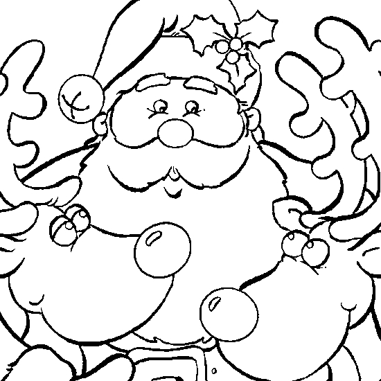 Coloriage du Père Noël tenant un sac de cadeaux au milieu d’un paysage hivernal