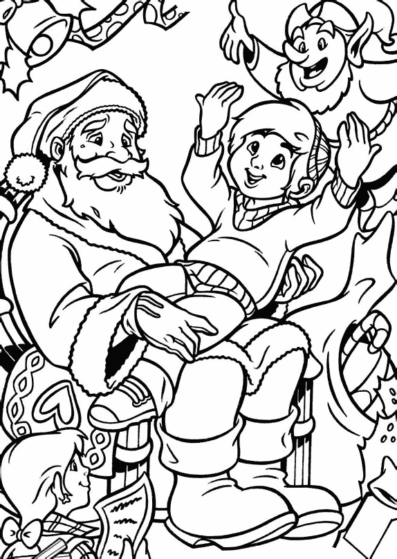 Coloriage du Père Noël souriant avec ses cadeaux au pied du sapin