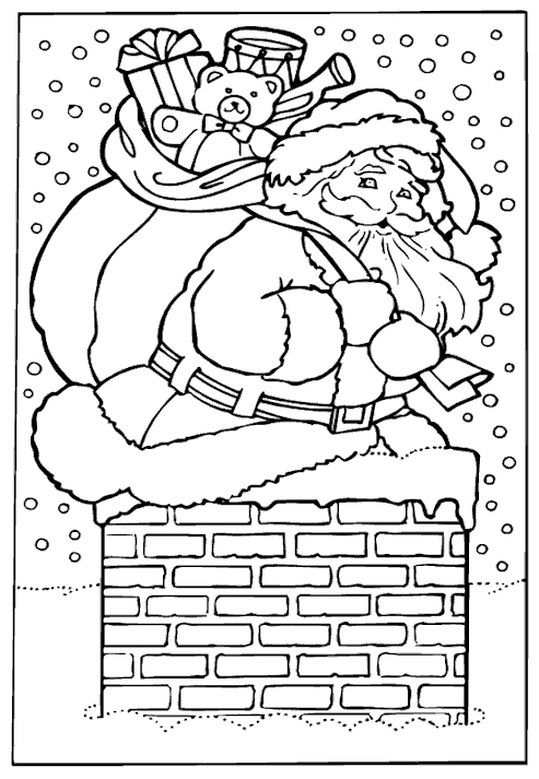 Coloriage du Père Noël avec un sac de cadeaux dans un paysage hivernal