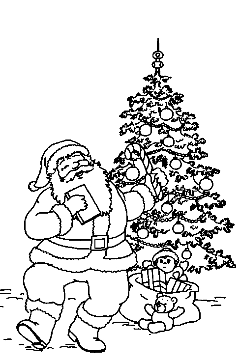 Père Noël préparant des cadeaux dans un décor hivernal
