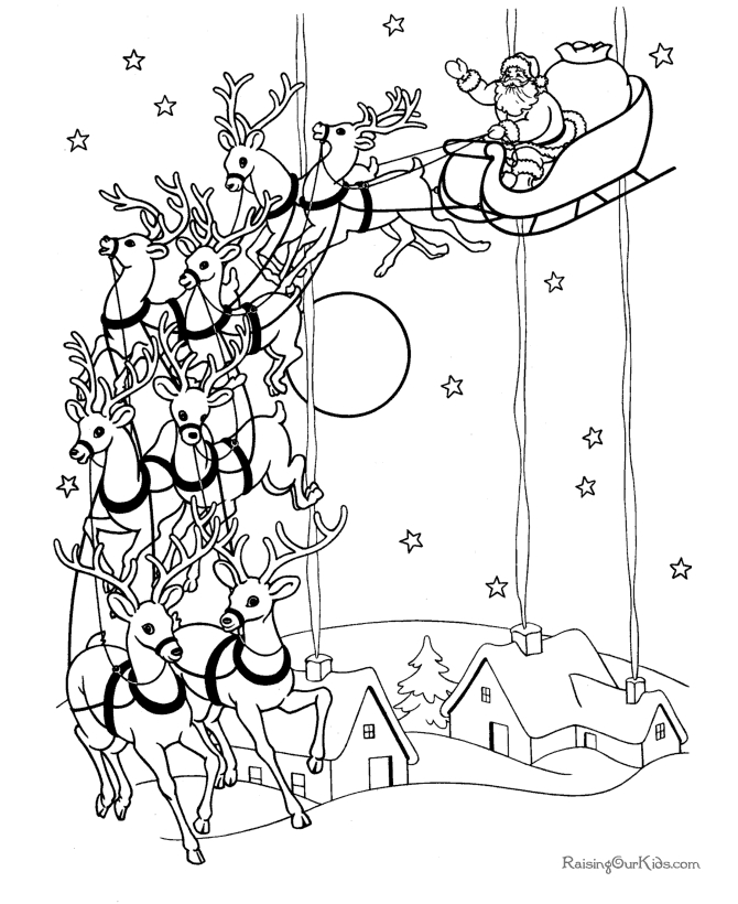 Coloriage d'un Père Noël joyeux avec son sac de cadeaux dans un décor hivernal