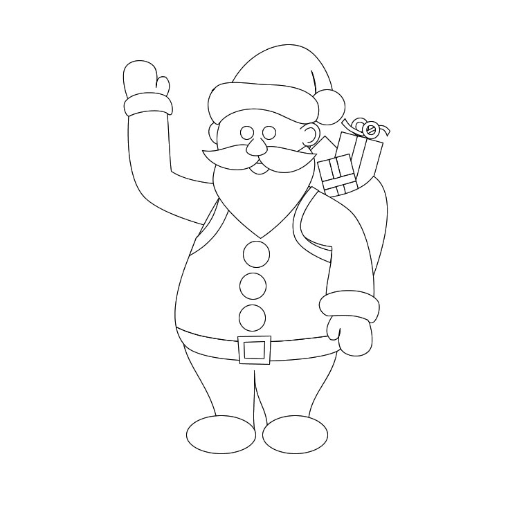 Coloriage du Père Noël avec un sac de cadeaux dans un paysage hivernal