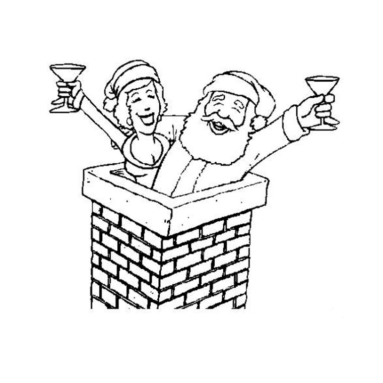 Coloriage représentant le Père Noël entouré de cadeaux et de décorations