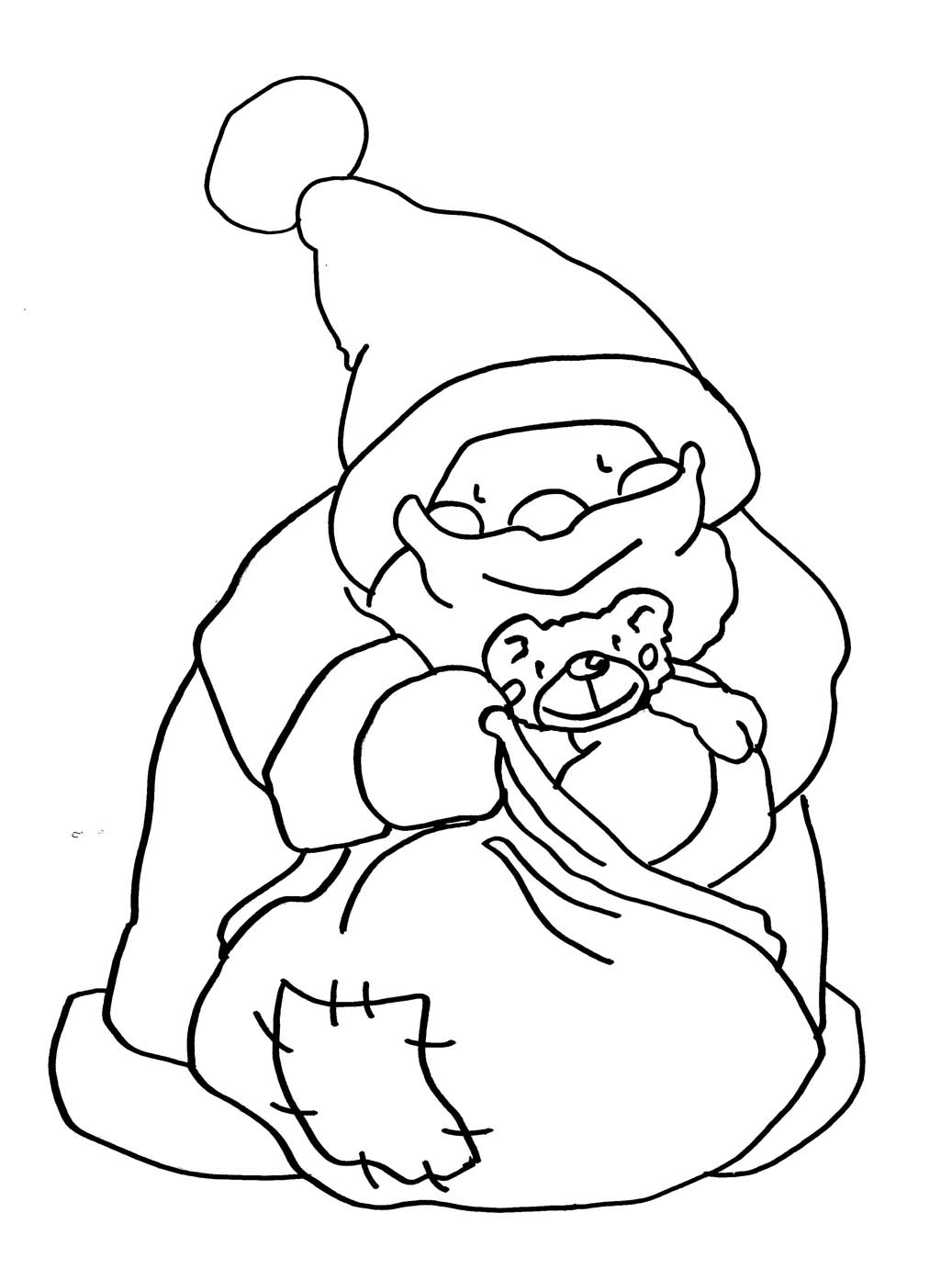 Coloriage du Père Noël avec un sac de jouets dans un paysage hivernal