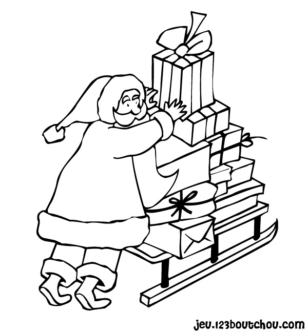 Coloriage du Père Noël joyeux avec un grand sac de cadeaux