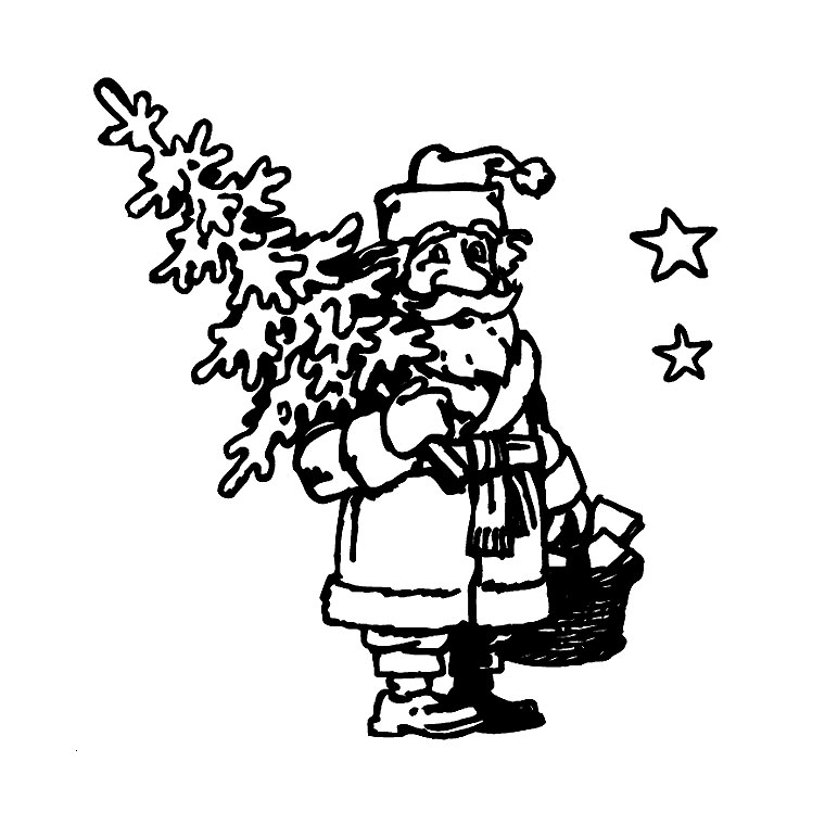 Coloriage du Père Noël avec un sac de jouets sur fond enneigé