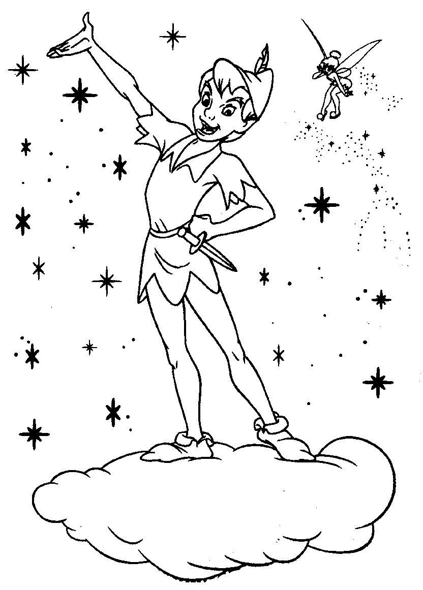 Peter Pan volant au-dessus de Neverland avec la fée Clochette