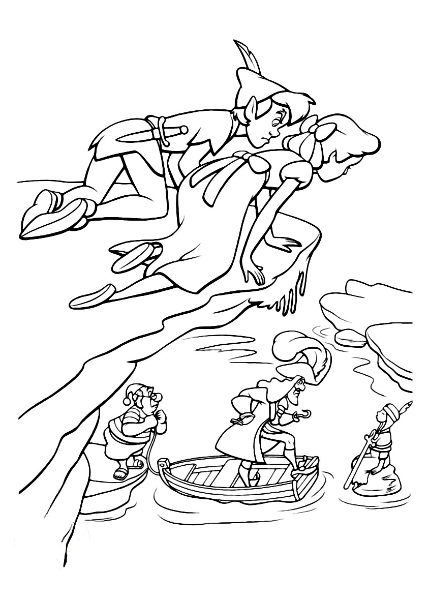Peter Pan volant avec la fée Clochette au-dessus de Neverland
