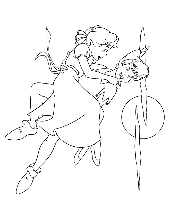 Peter Pan volant au-dessus de Neverland avec la fée Clochette