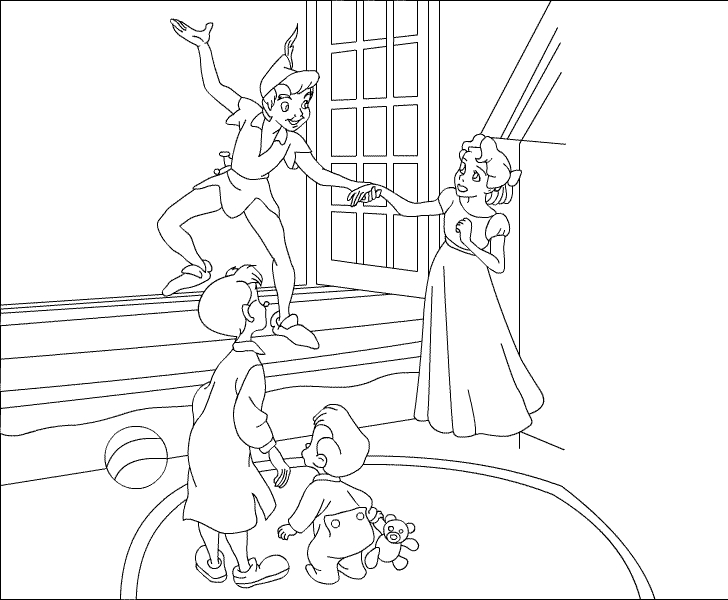 Peter Pan volant au-dessus de Neverland avec la fée Clochette