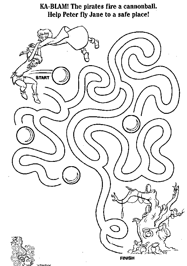 Coloriage de Peter Pan dans le ciel de Neverland avec ses amis