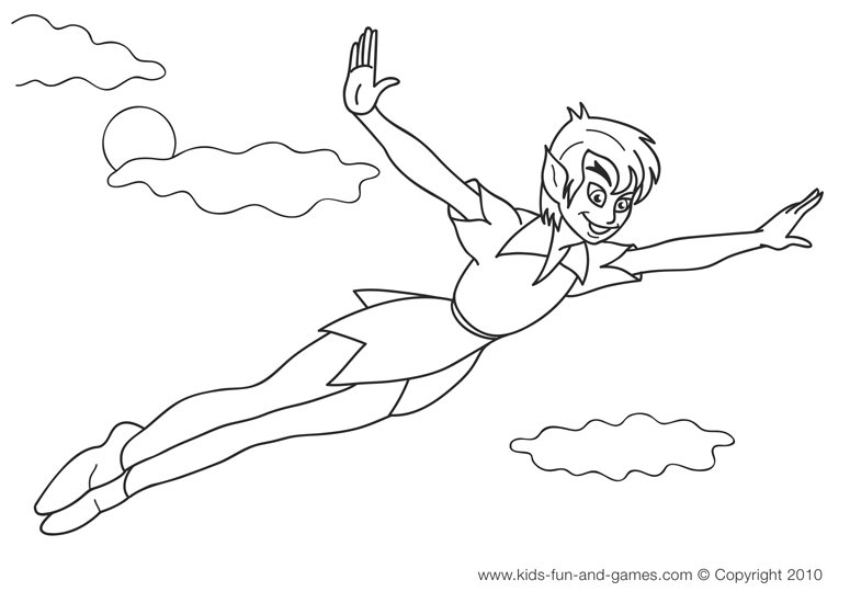 Peter Pan volant au-dessus de Neverland entouré de fées