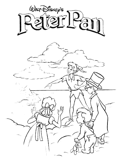 Peter Pan volant au-dessus de Neverland avec Wendy et un crocodile