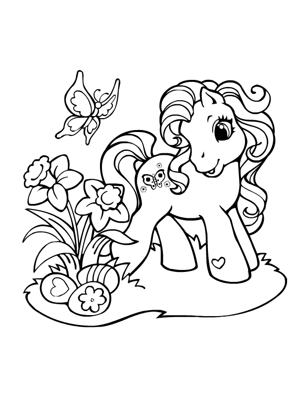 Coloriage d'un petit poney dans un décor pastoral