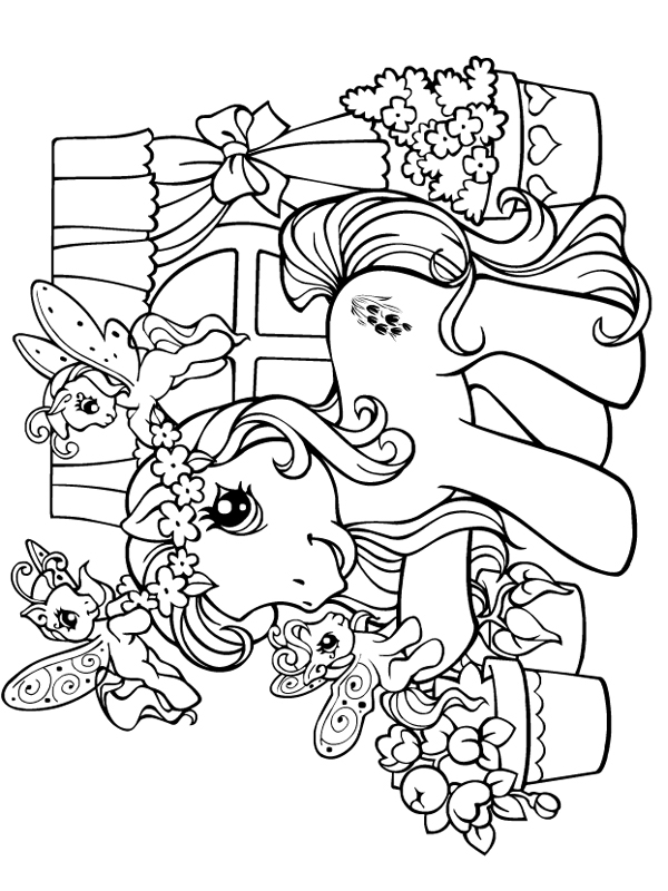 Coloriage d'un petit poney se tenant dans un champ fleuri