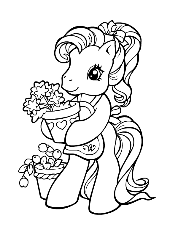 Coloriage d'un petit poney courant dans un champ fleuri