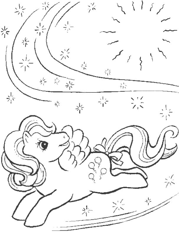 Coloriage d'un petit poney jouant dans un paysage champêtre