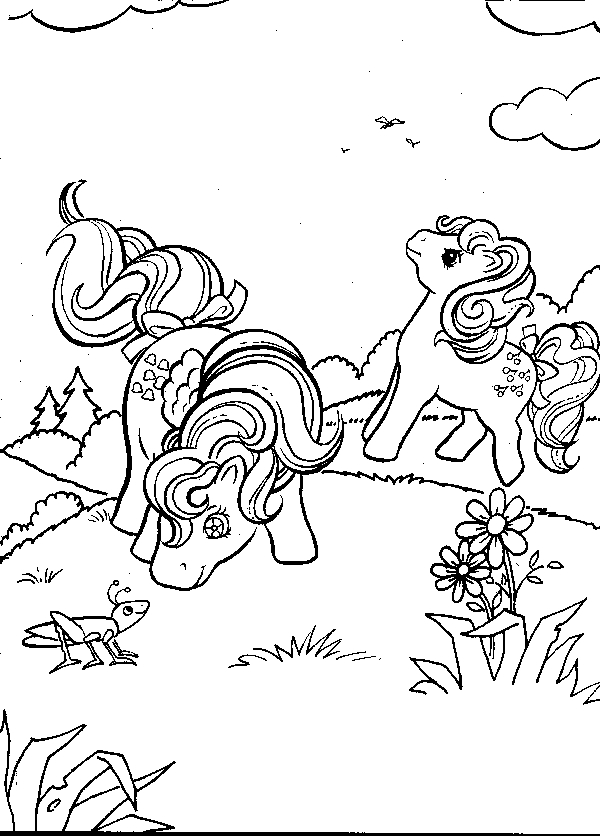 Coloriage d'un petit poney trottant dans un paysage pastoral
