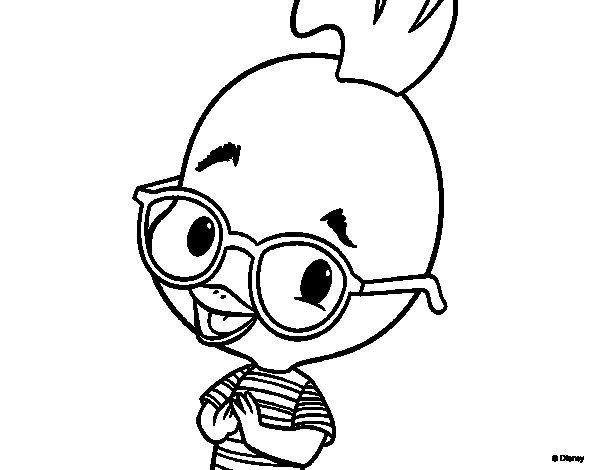 Coloriage d'un petit poulet dans une scène de jardin