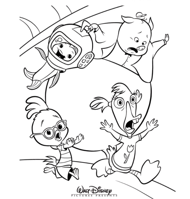 Coloriage de Petit Poulet Chicken Little avec un décor de campagne