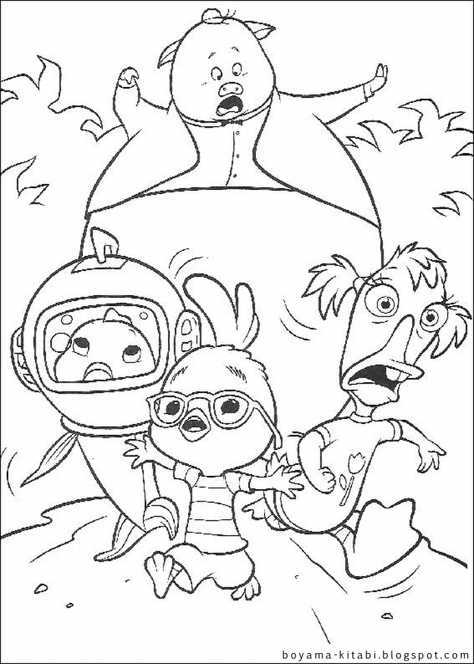 Coloriage de Petit Poulet Chicken Little dans un décor de ciel ensoleillé