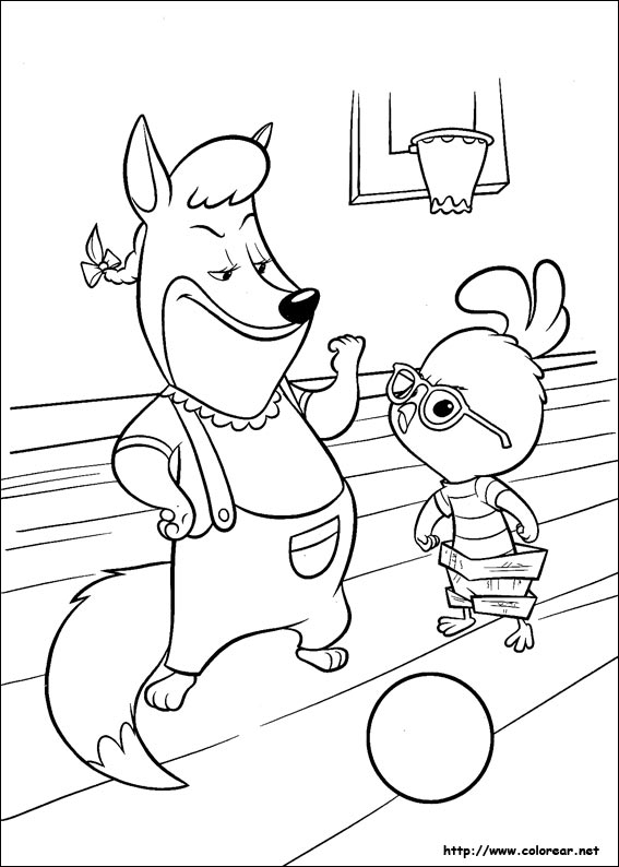 Coloriage de Petit Poulet Chicken Little dans un décor de campagne