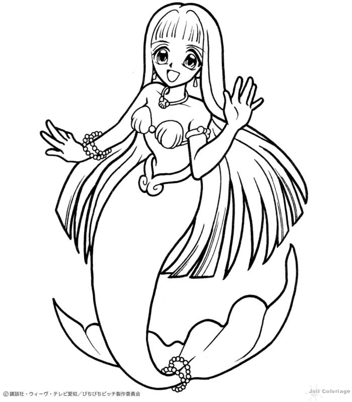 Coloriage de Pichi Pichi Pitch avec les sirènes en pleine action sous l'eau