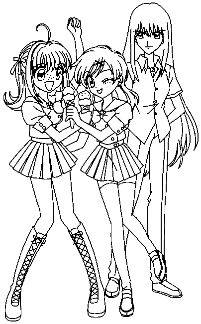 Coloriage de Pichi Pichi Pitch : Mélodie des Sirènes avec des personnages sur une scène marine