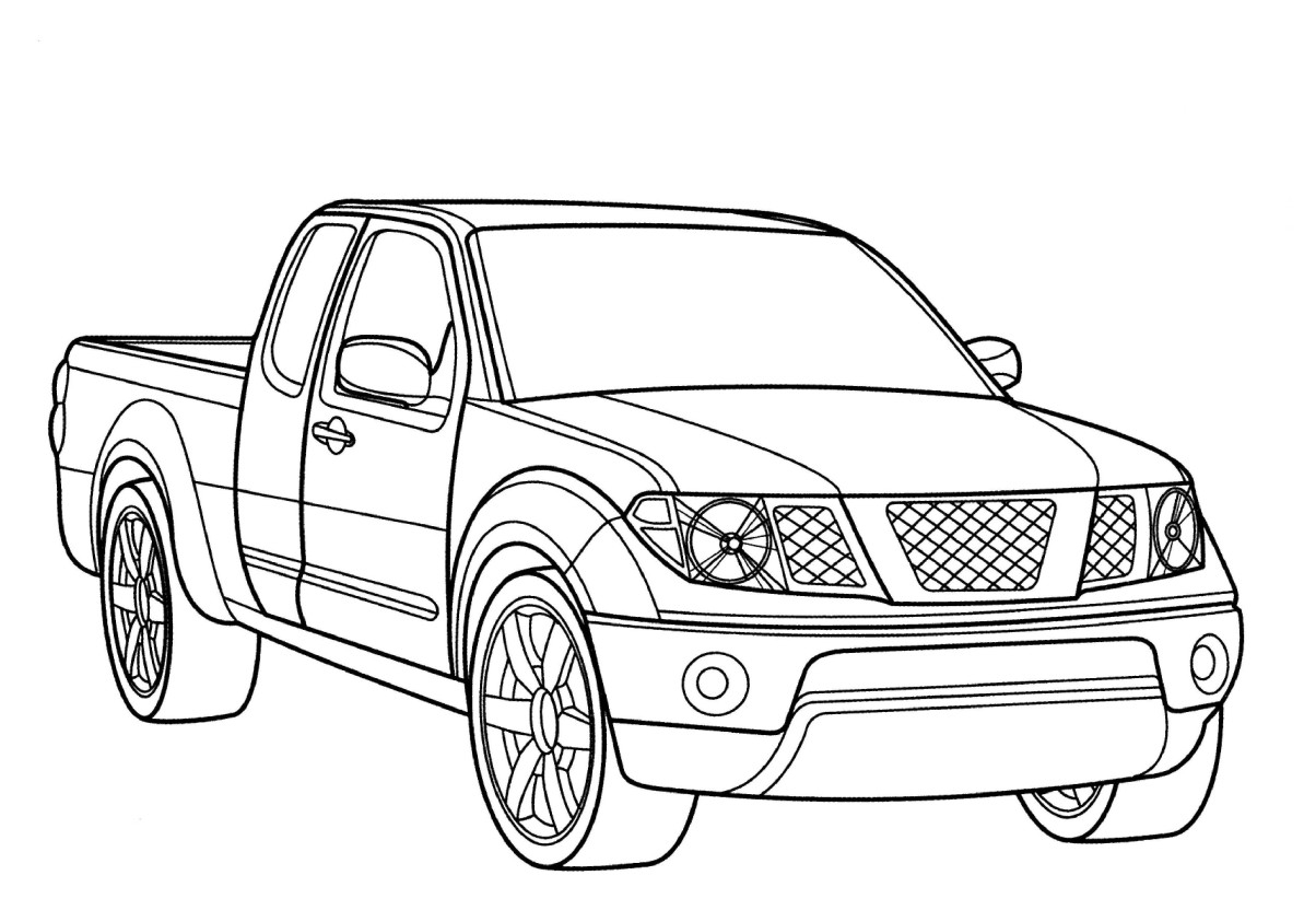 Coloriage d'un pickup en pleine nature avec des montagnes en arrière-plan