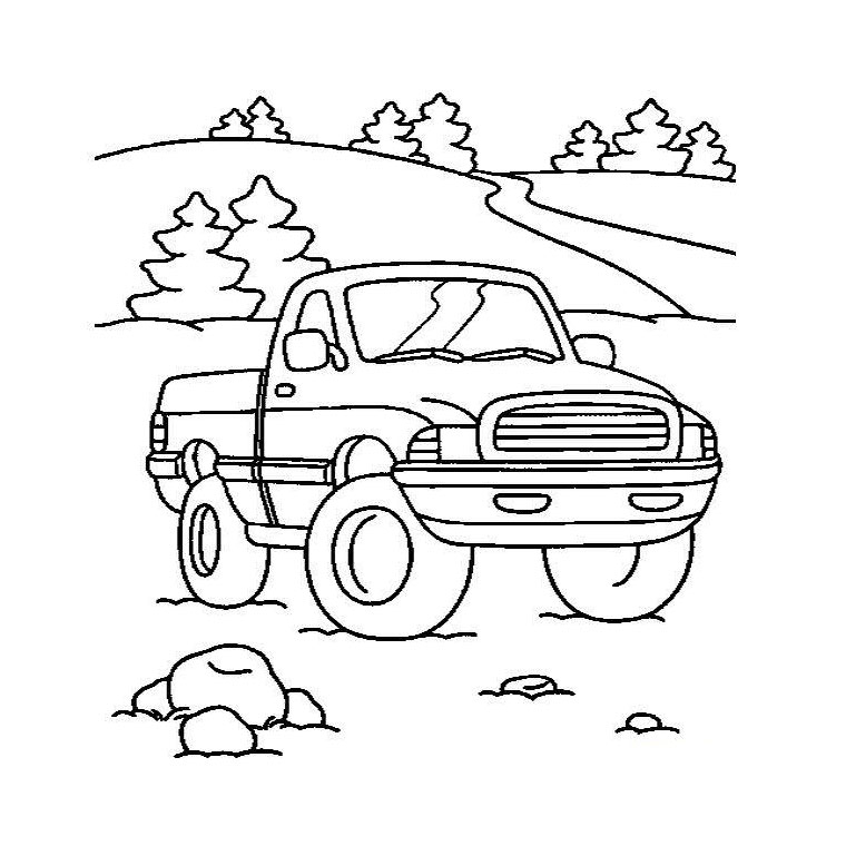 Coloriage d'un pickup sur une route avec un paysage naturel