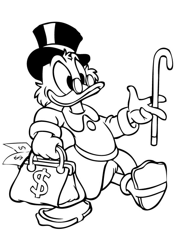 Coloriage de Picsou souriant avec un coffre au trésor