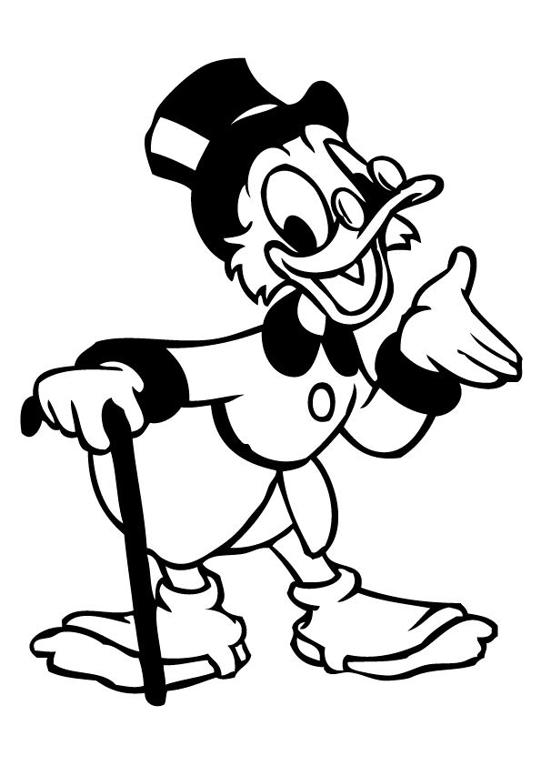 Coloriage de Picsou avec un sac d'argent sous un ciel étoilé