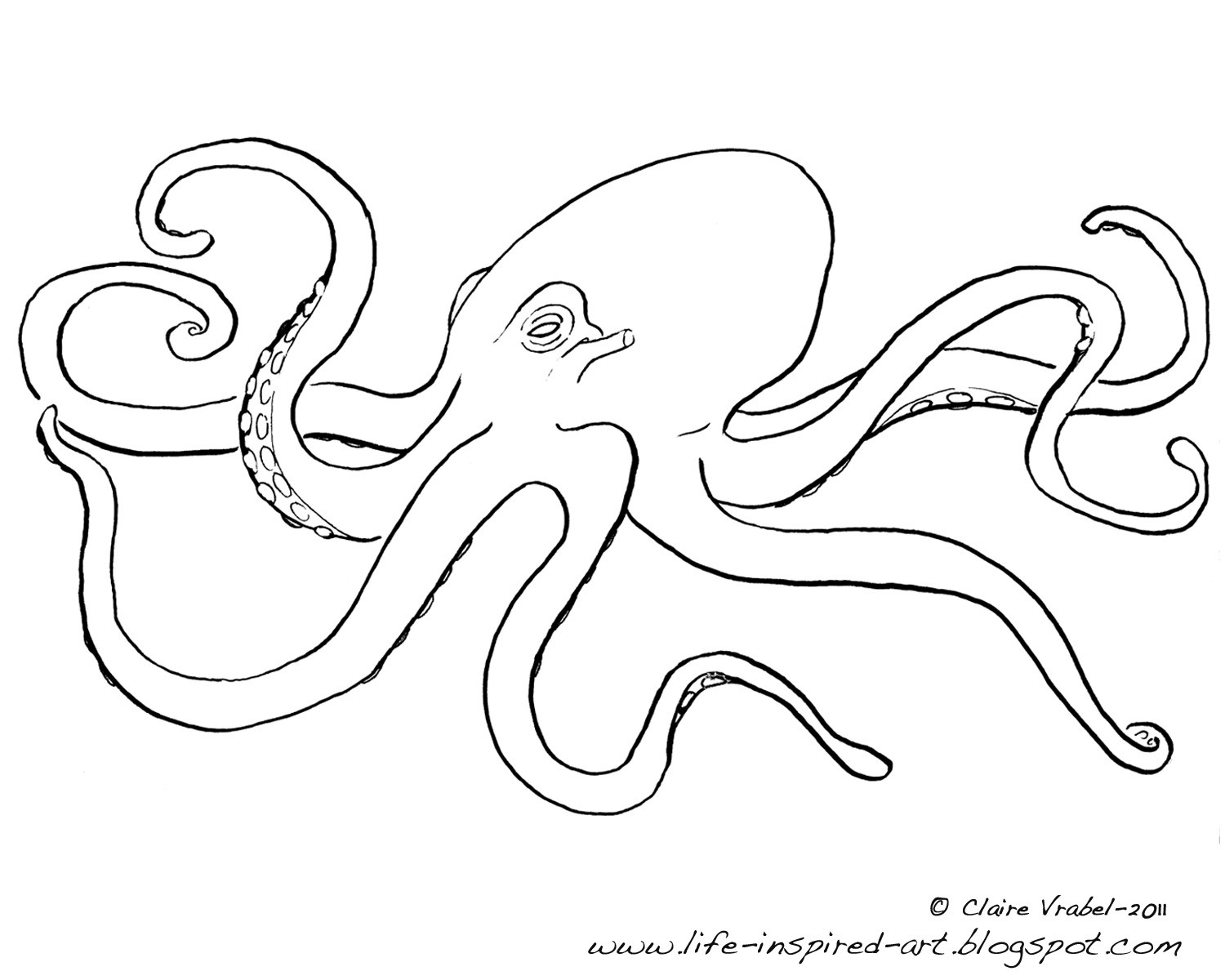 Coloriage d'une pieuvre souriante au fond marin