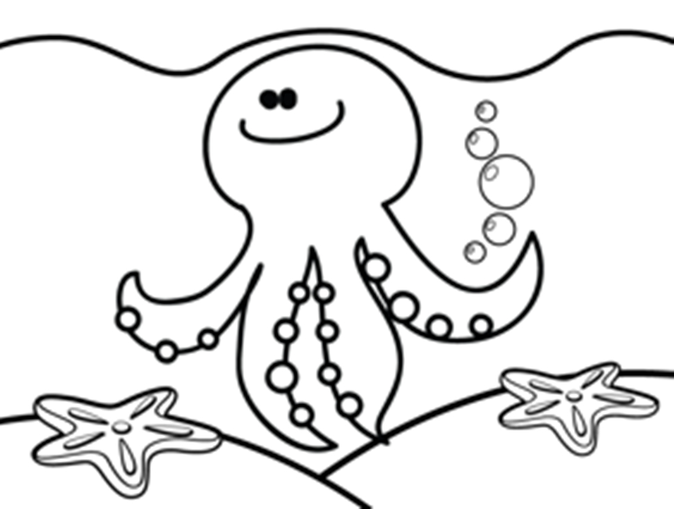 Coloriage d'une pieuvre joyeuse dans un décor marin