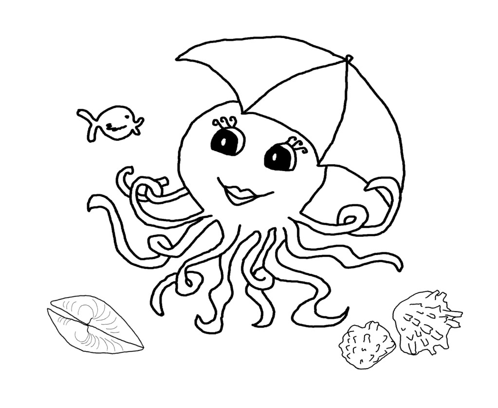Coloriage d'une pieuvre entourée de bulles marines