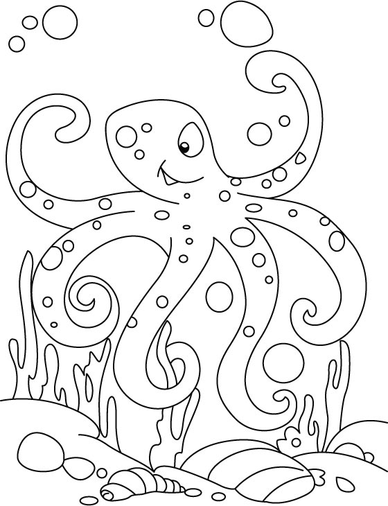 Coloriage d'une pieuvre entourée d'éléments marins