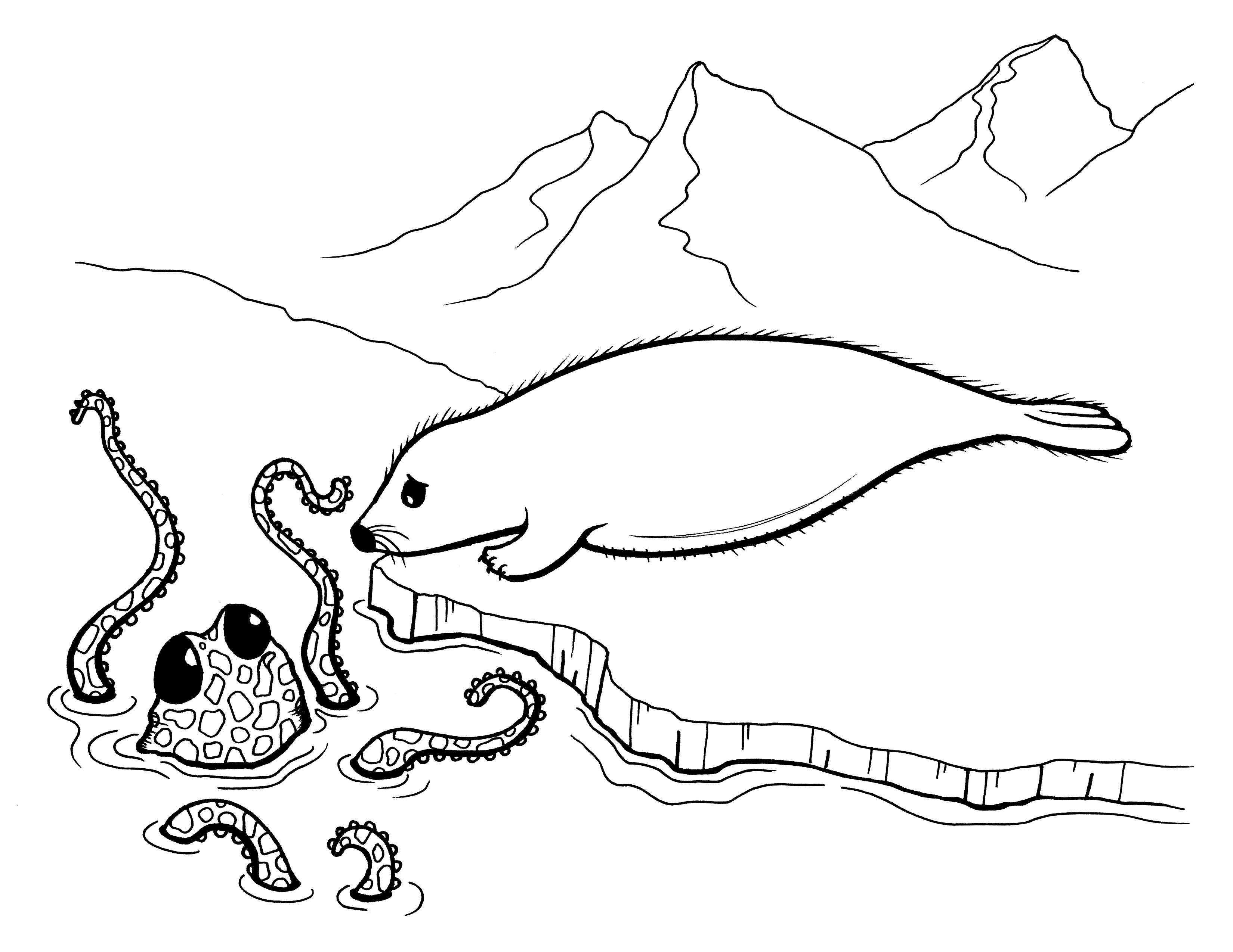 Coloriage d'une pieuvre joyeuse au fond marin