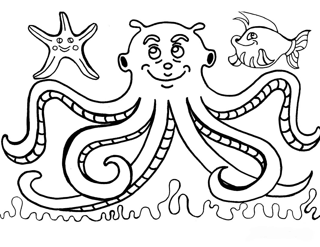 Coloriage d'une pieuvre jouant parmi les algues marines