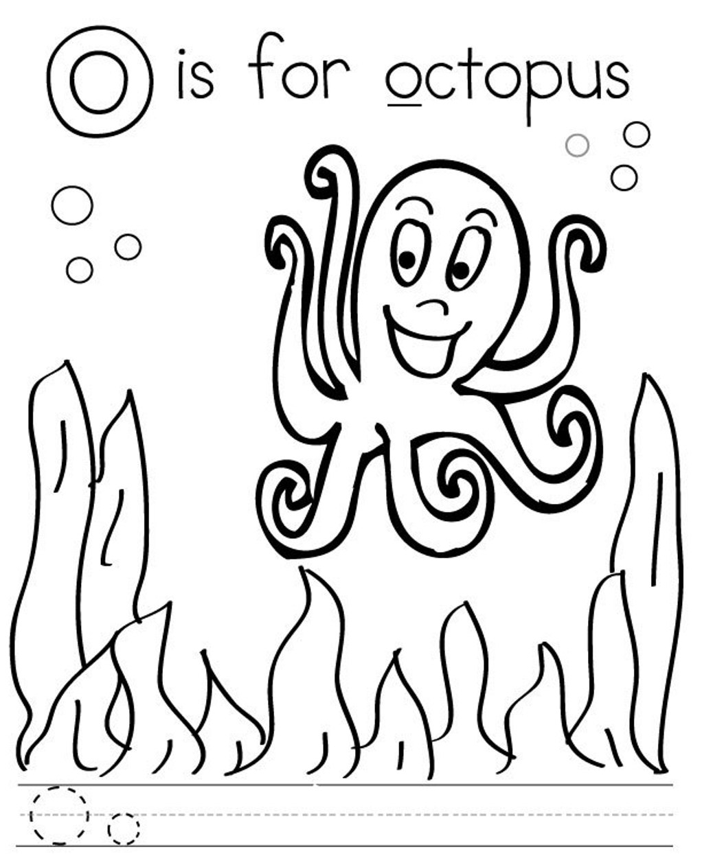 Coloriage d'une pieuvre au fond marin entourée d'éléments marins