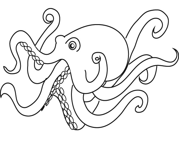 Coloriage d'une pieuvre souriante avec des tentacules en mouvement