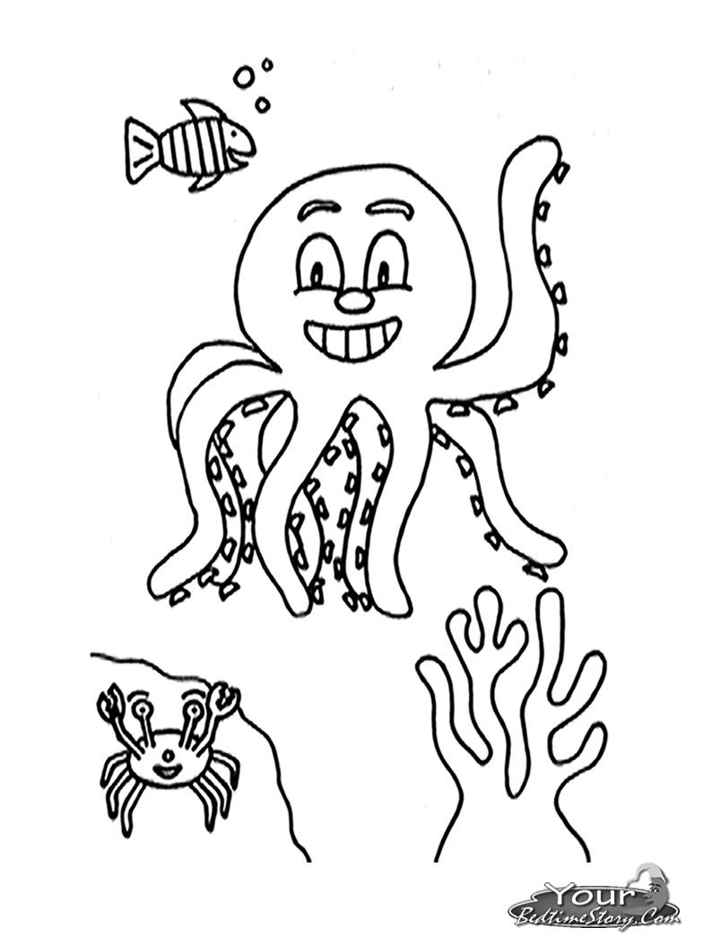 Coloriage d'une pieuvre entourée d'éléments marins