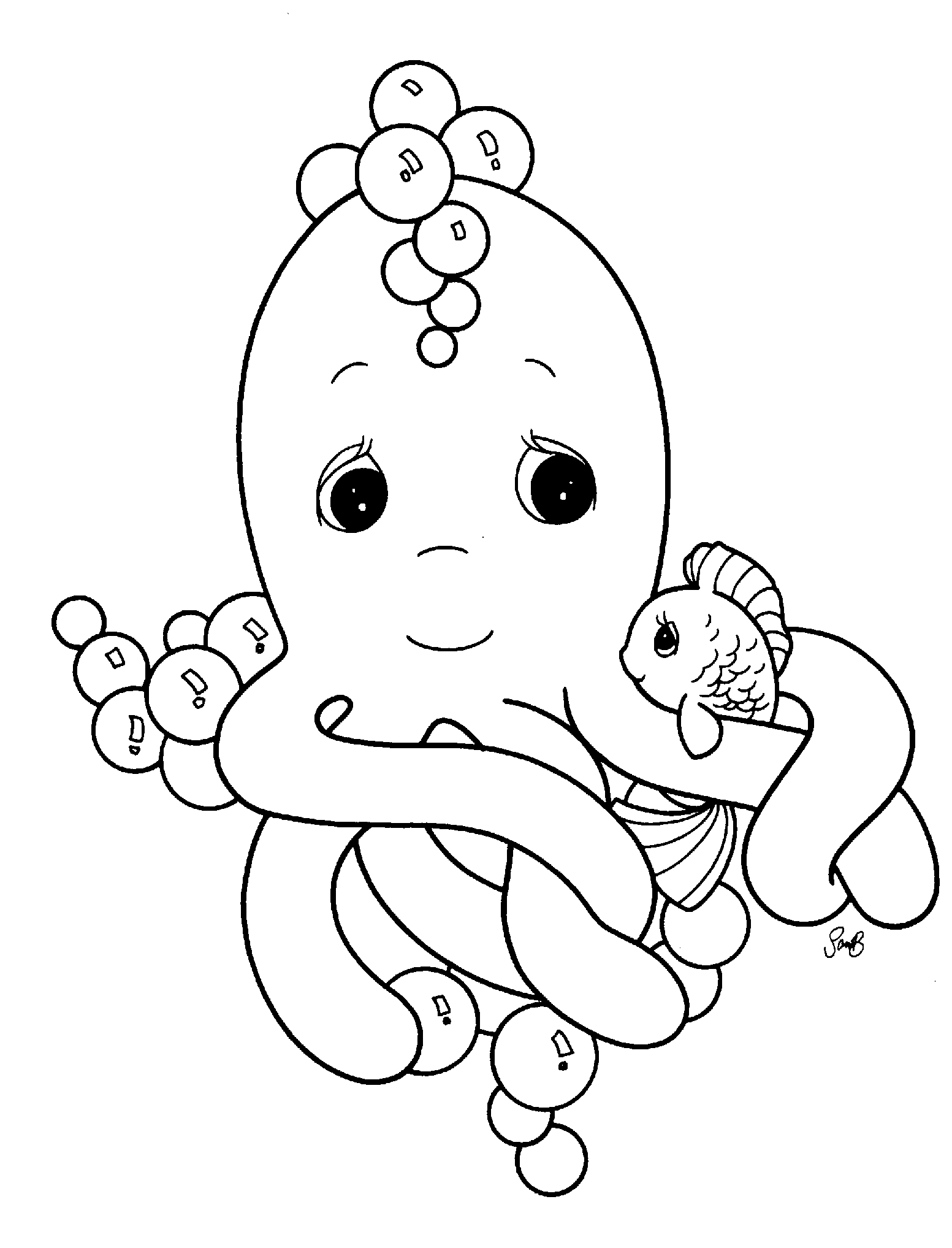 Coloriage d'une pieuvre entourée d'éléments marins