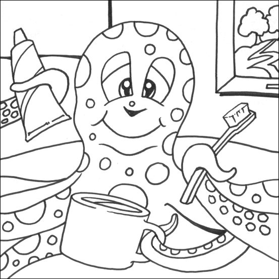 Coloriage d'une pieuvre entourée de vagues et de poissons